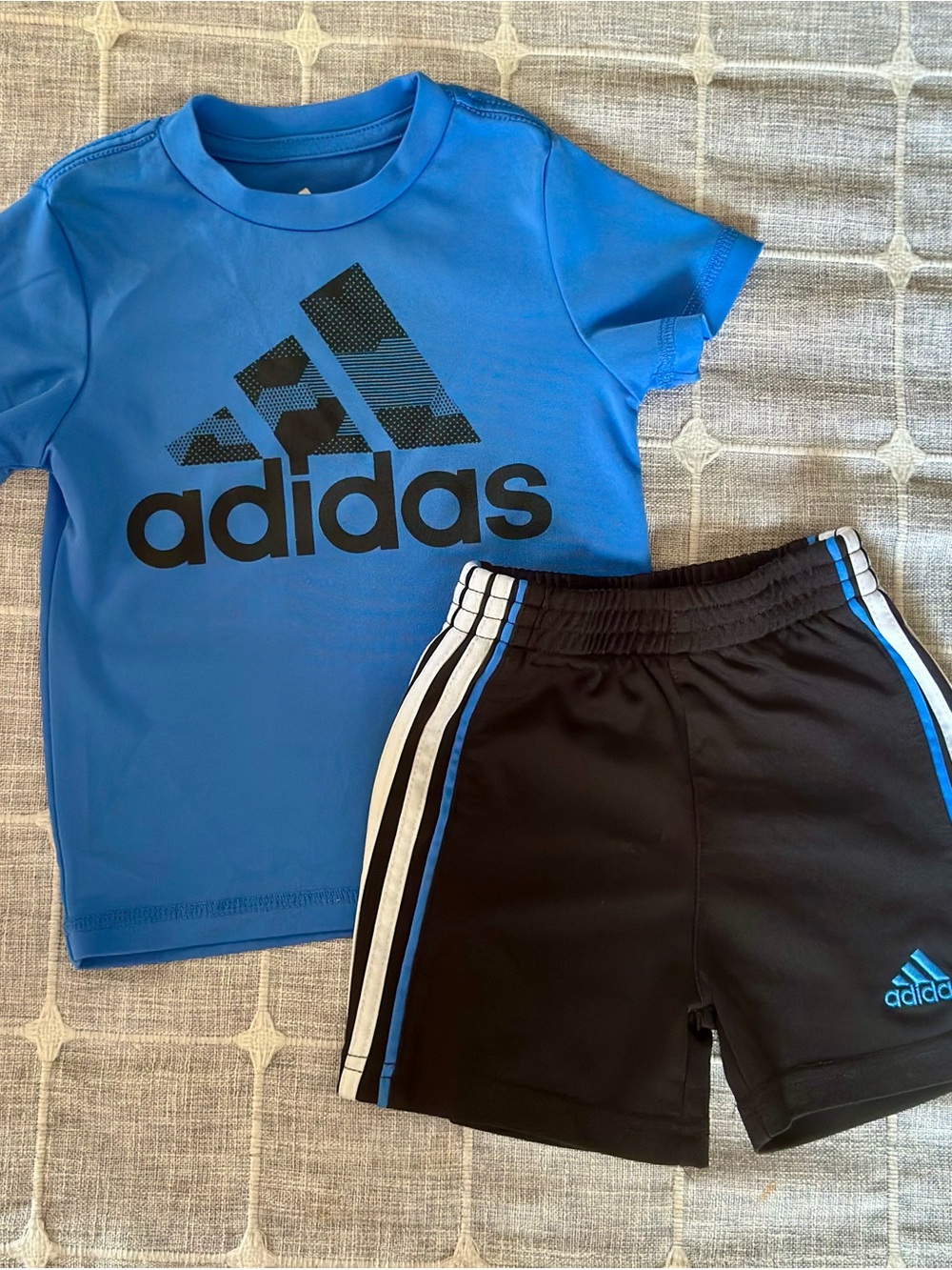 adidas Blue Logo Tee with Black Shorts and Stripe Detail